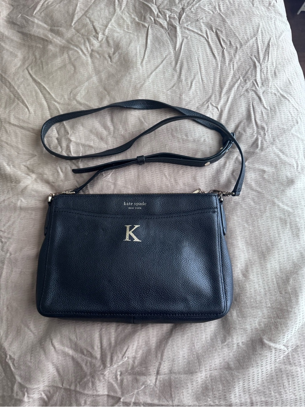 kate spade Margaux medium black leather crossbody with gold initial K